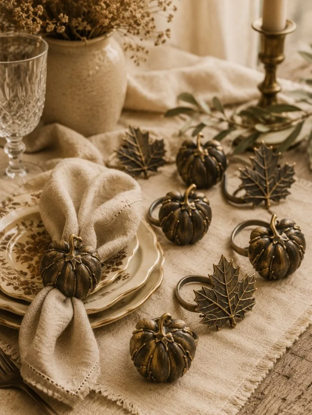 Set of 8 Vintage Bronze Finish Pumpkin & Maple Leaf Fall Napkin Ring Holders